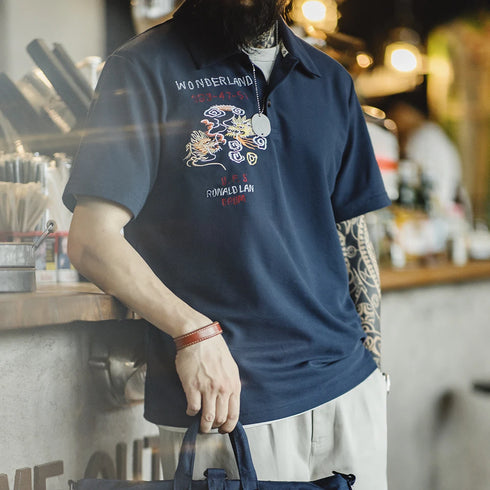 Men’s Retro Embroidered Knit Polo Shirt – Summer Lapel Short Sleeve Tee